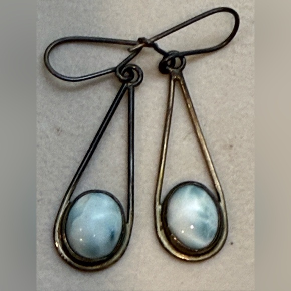Larimar light blue gemstone sterling silver 925 vintage drop earrings - Picture 7 of 8